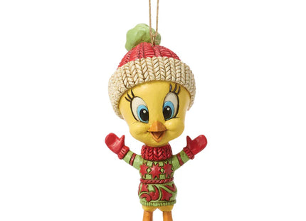 Jim Shore Tweety Bird Christmas ornament wearing a knit winter hat, sweater, and red mittens