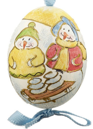 Snowman Couple with Snowballs on a Sled Austrian Egg Ornament  by ORNAMENT SHOP EXCLUSIVE Ornament