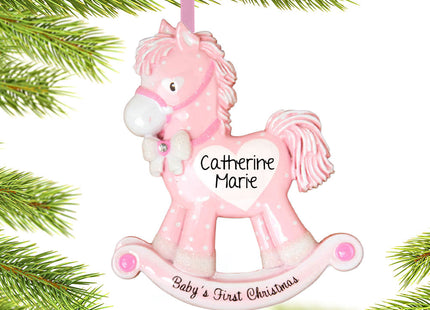 engraved personalized pink rocking horse baby's first christmas ornament – Christmas ornament, holiday tree decoration or gif