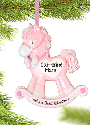 Pink Rocking Horse Baby's First Ornament  by POLARX Ornament