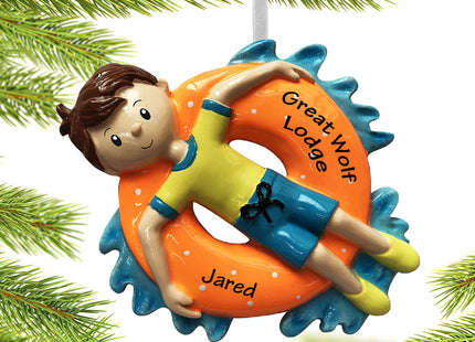 decorative personalized boy relaxing on inner tube christmas ornament – Christmas ornament, holiday tree decoration or gift