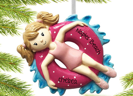 personalized personalized girl relaxing on inner tube christmas ornament – Christmas ornament, holiday tree decoration or gif