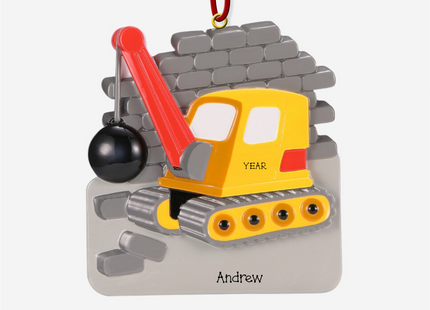 Personalized wrecking ball construction Christmas ornament with demolition crane, brick wall, custom name and year