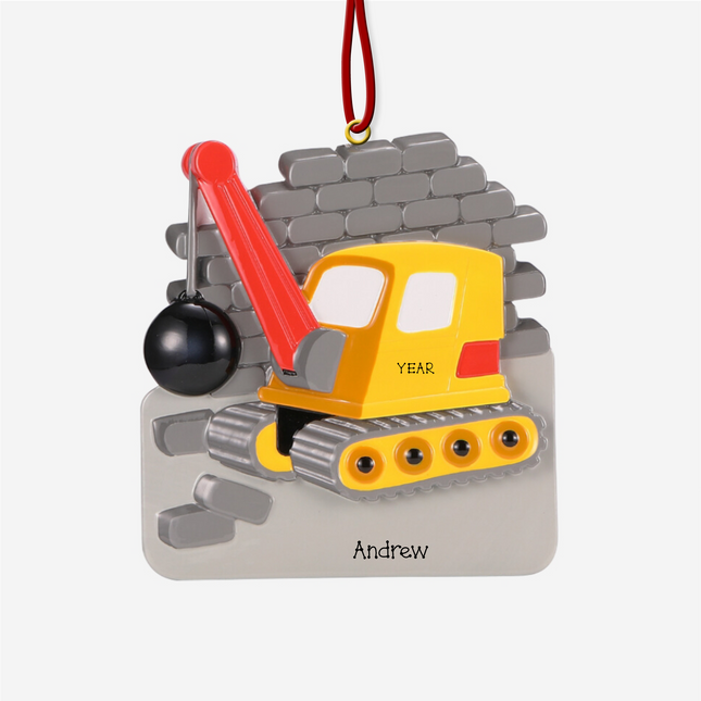 Personalized wrecking ball construction Christmas ornament with demolition crane, brick wall, custom name and year