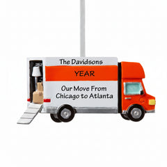 Personalized moving van ornament with family name year and custom relocation route