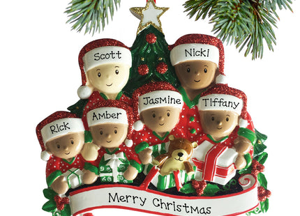 engraved personalized opening presents biracial family of 6 christmas ornament – Christmas ornament, holiday tree decoration 