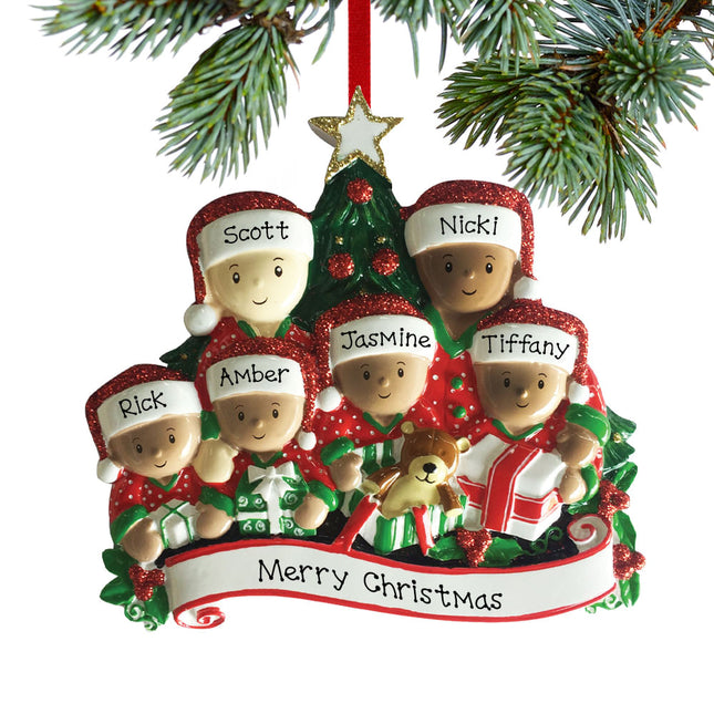 engraved personalized opening presents biracial family of 6 christmas ornament – Christmas ornament, holiday tree decoration 