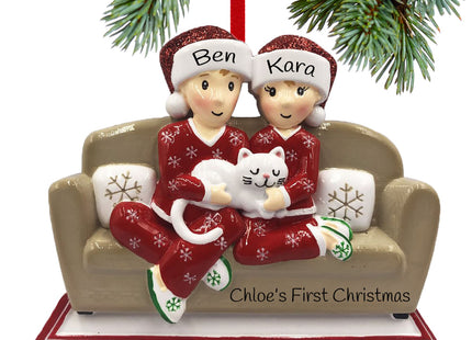holiday personalized couch couple with cat christmas ornament – Christmas ornament, holiday tree decoration or gift