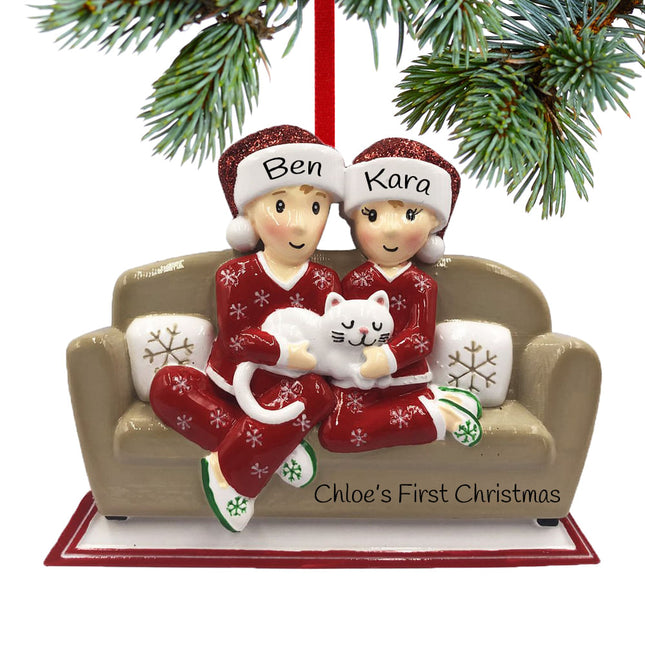 holiday personalized couch couple with cat christmas ornament – Christmas ornament, holiday tree decoration or gift