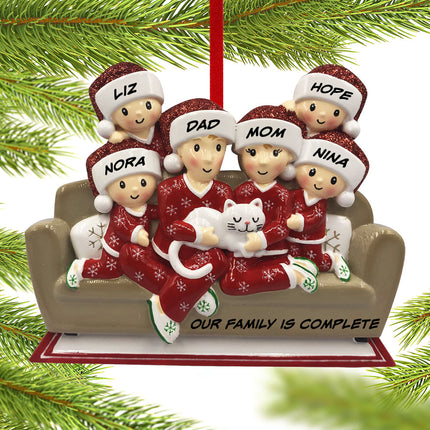 engraved personalized couch family of 6 with cat christmas ornament – Christmas ornament, holiday tree decoration or gift