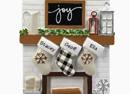 personalized family fireplace ornament with 3 names on mantel and year