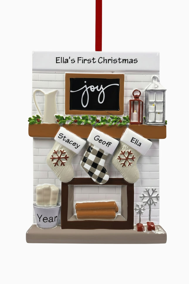personalized family fireplace ornament with 3 names on mantel and year