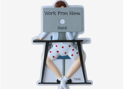 Personalized work from home man Christmas ornament with computer, boxer shorts, custom name and year.