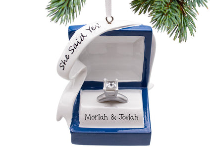 engraved personalized blue engagement ring box christmas ornament – Christmas ornament, holiday tree decoration or gift