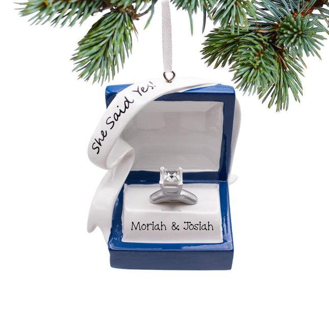 engraved personalized blue engagement ring box christmas ornament – Christmas ornament, holiday tree decoration or gift