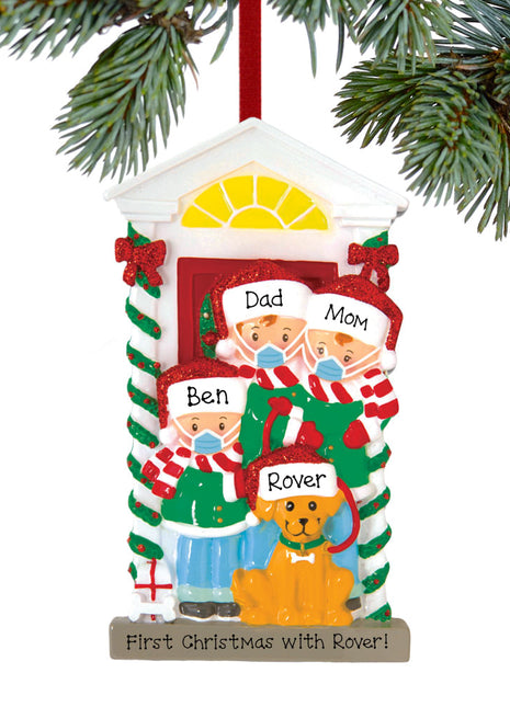 Social Distance Family of 3 with Dog Ornament  by POLARX Ornament