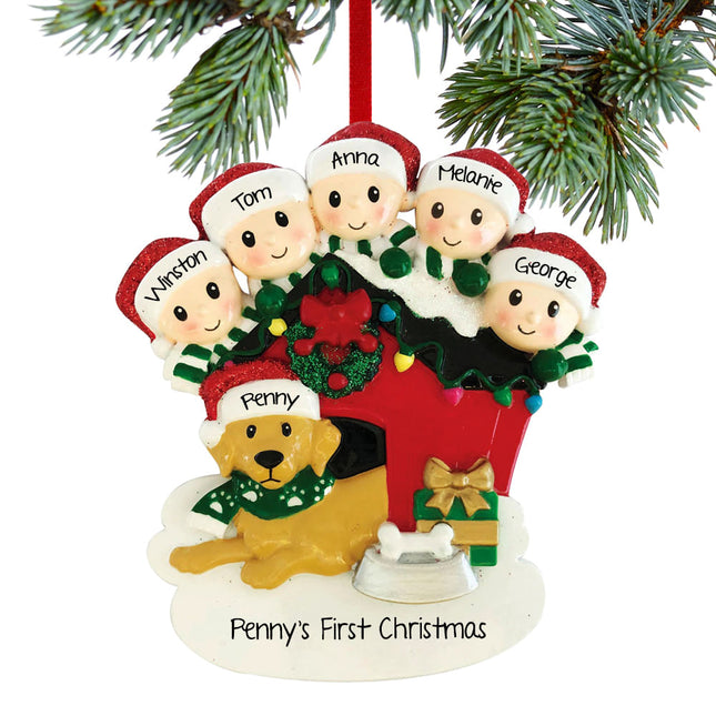 Family With Dog In Doghouse Personalize Ornament - 3, 4, 5 Figure Family Members