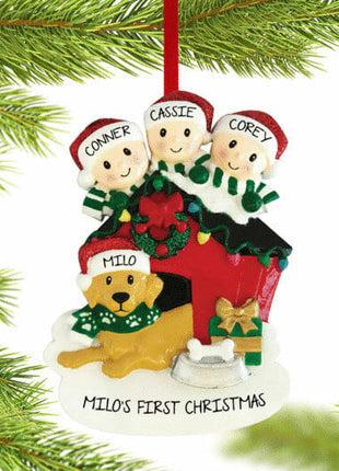 Family Of 3 With Dog In Doghouse Ornament  by POLARX Ornament