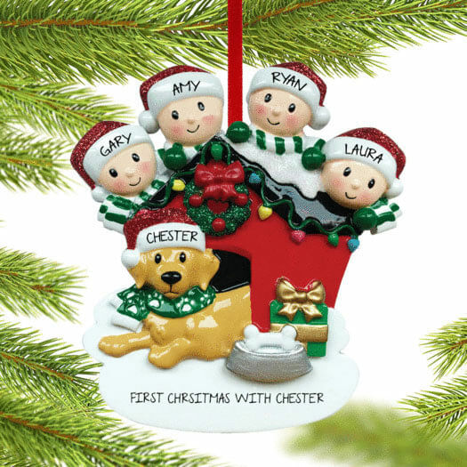 Family With Dog In Doghouse Personalize Ornament - 3, 4, 5 Figure Family Members