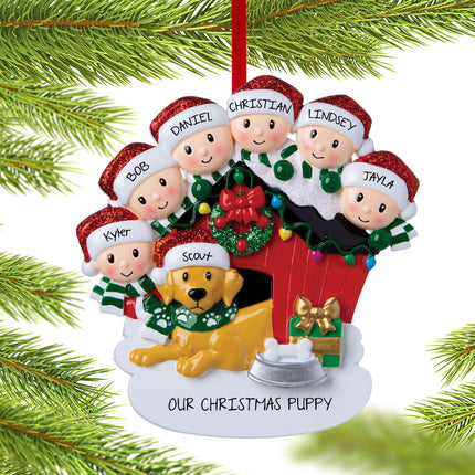 holiday personalized family of 6 with dog in doghouse christmas ornament – Christmas ornament, holiday tree decoration or gif
