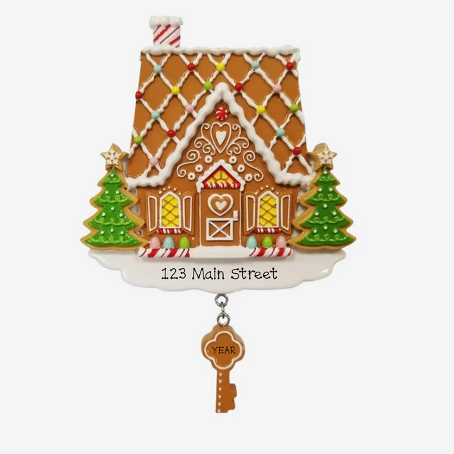 Personalized gingerbread house Christmas ornament with custom street address, year, Christmas trees and dangling house key.