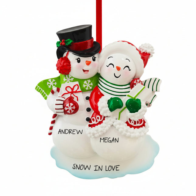 personalized classic snowman family ornament with 2 names, custom message and year, snowman couple in winter accessories