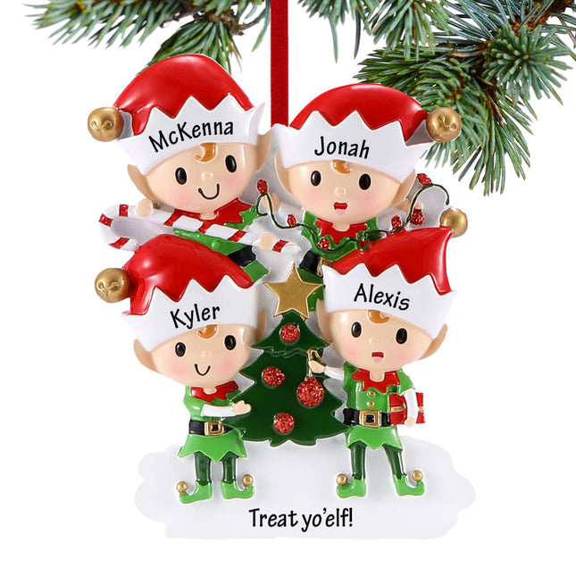 engraved personalized elves family of 4 christmas ornament – Christmas ornament, holiday tree decoration or gift
