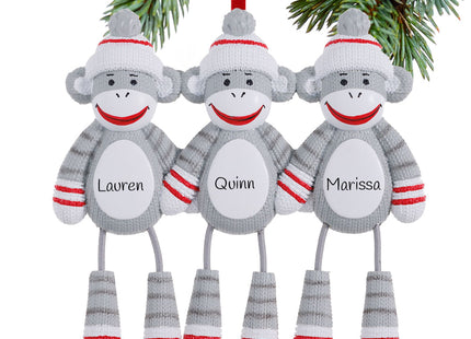 custom personalized sock monkey family of 3 christmas ornament – Christmas ornament, holiday tree decoration or gift