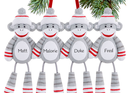 engraved personalized sock monkey family of 4 christmas ornament – Christmas ornament, holiday tree decoration or gift