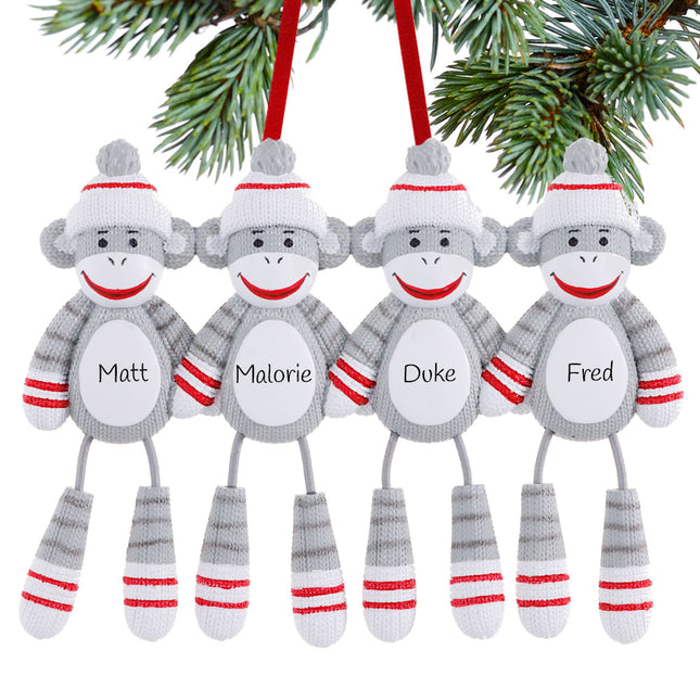 engraved personalized sock monkey family of 4 christmas ornament – Christmas ornament, holiday tree decoration or gift