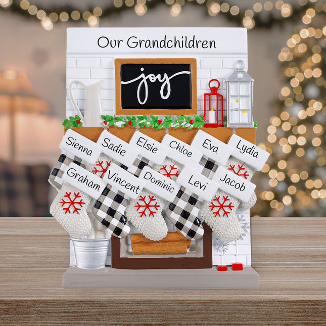 Fireplace Mantel Family Personalized Tabletop Ornament - 2, 3, 6, 8, 10, 11, 12 Family Members