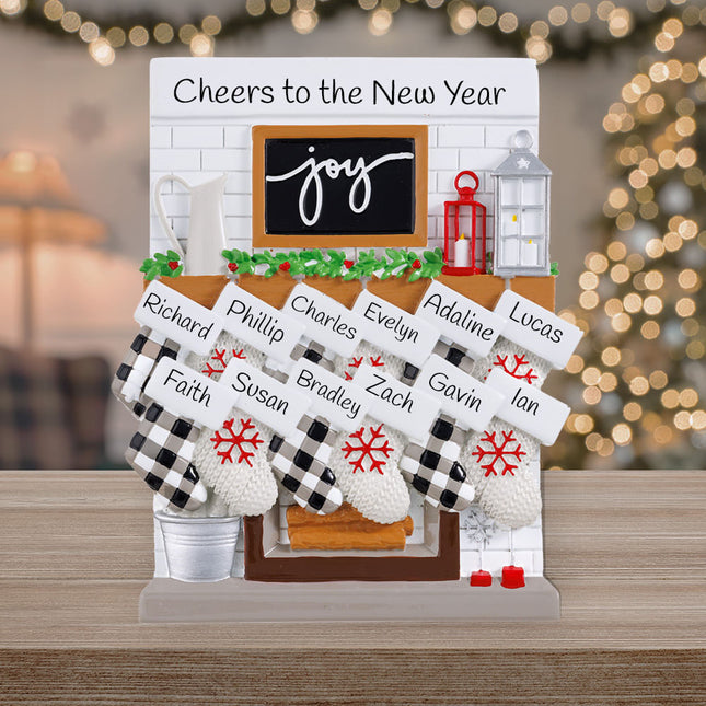Fireplace Mantel Family Personalized Tabletop Ornament - 2, 3, 6, 8, 10, 11, 12 Family Members