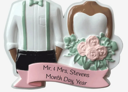 Personalized bride and groom wedding Christmas ornament with pink roses, custom couple names and wedding date.
