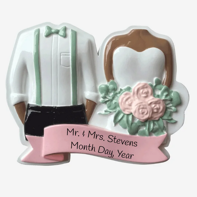 Personalized bride and groom wedding Christmas ornament with pink roses, custom couple names and wedding date.
