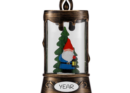 Personalized LED Christmas gnome lantern ornament with custom year featuring a festive gnome holding a lantern beside an evergreen tree inside a vintage-style lantern.