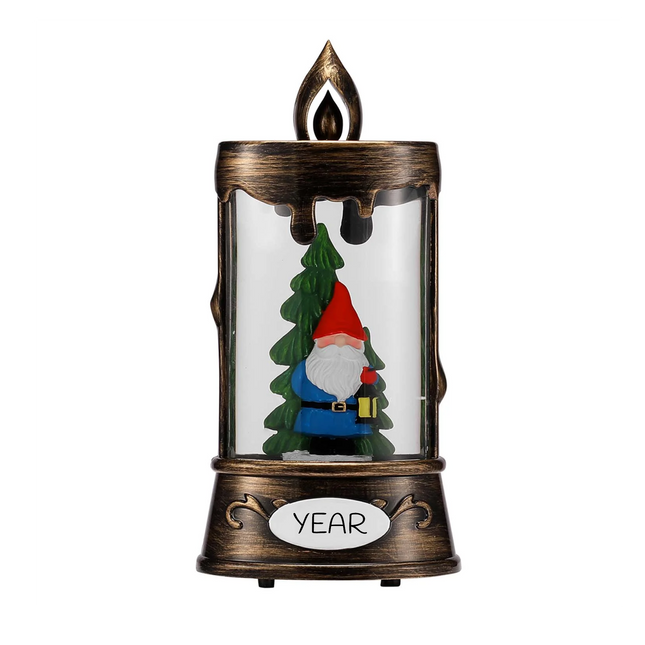 Personalized LED Christmas gnome lantern ornament with custom year featuring a festive gnome holding a lantern beside an evergreen tree inside a vintage-style lantern.