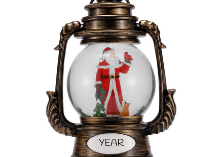 Personalized LED Santa lantern Christmas ornament with custom year featuring Santa holding a wreath with a cardinal inside a vintage-style lantern
