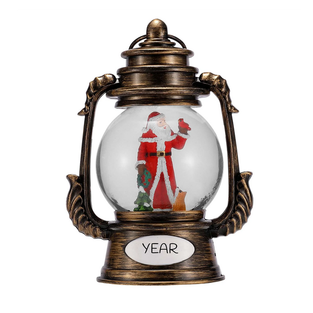 Personalized LED Santa lantern Christmas ornament with custom year featuring Santa holding a wreath with a cardinal inside a vintage-style lantern