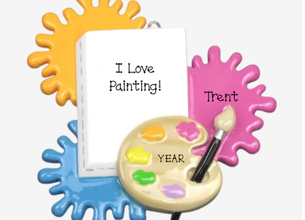 Personalized I Love Painting artist Christmas ornament with colorful paint splashes, palette, paintbrush, custom name and year.