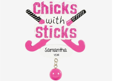 Personalized Chicks With Sticks field hockey Christmas ornament with pink hockey sticks, custom name and year.