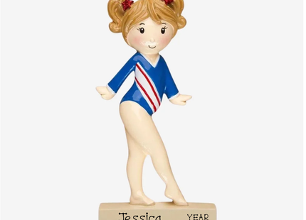Personalized girl gymnast Christmas ornament in blue red and white leotard with custom name and year.