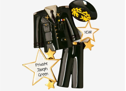 Personalized Army soldier uniform Christmas ornament with military dress uniform, cap, custom rank, name and year.