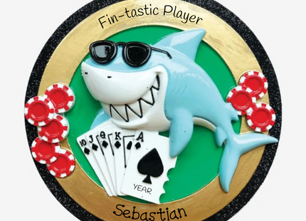 Personalized Fin-tastic Poker Shark Christmas ornament with custom name and year, poker chips, and playing cards