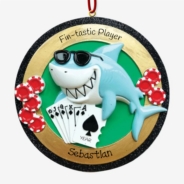 Personalized Fin-tastic Poker Shark Christmas ornament with custom name and year, poker chips, and playing cards