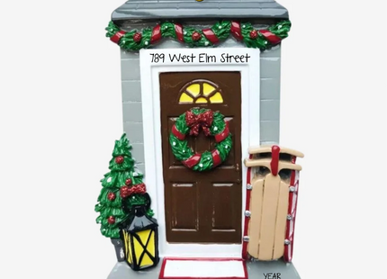 Personalized Christmas in Our New Home ornament featuring a festive front door with custom address and year.