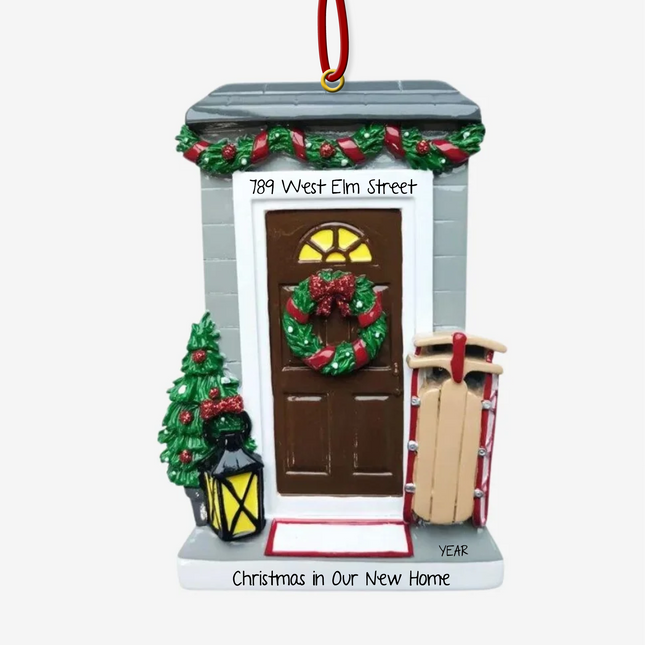 Personalized Christmas in Our New Home ornament featuring a festive front door with custom address and year.