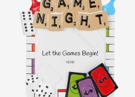 Personalized Game Night Christmas ornament with board game pieces, dice, game board, and custom year