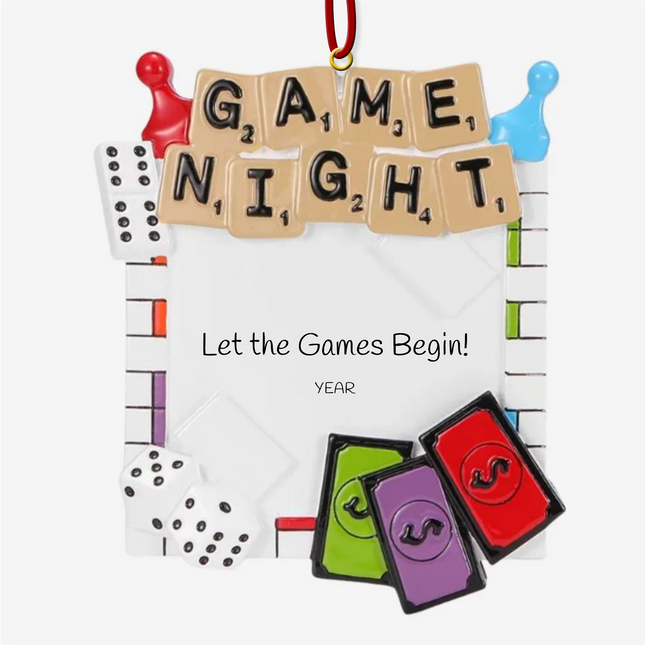 Personalized Game Night Christmas ornament with board game pieces, dice, game board, and custom year