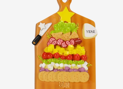 Personalized charcuterie board Christmas ornament with custom name and year featuring cheese, crackers, fruit, and meats