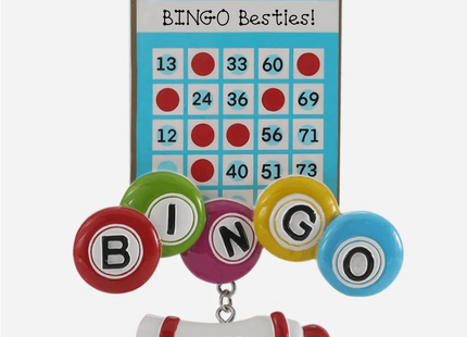 Personalized Bingo Besties Christmas ornament with bingo card, bingo chips, bingo dauber, and custom year